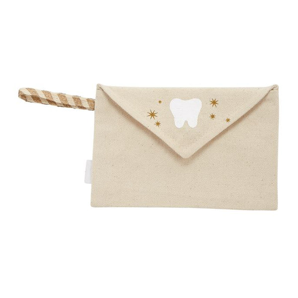 alt=“Canvas blue Tooth Fairy envelope features appliqued stamp, printed details and arrives with printed muslin drawstring tooth pouch and customizable printed letter”