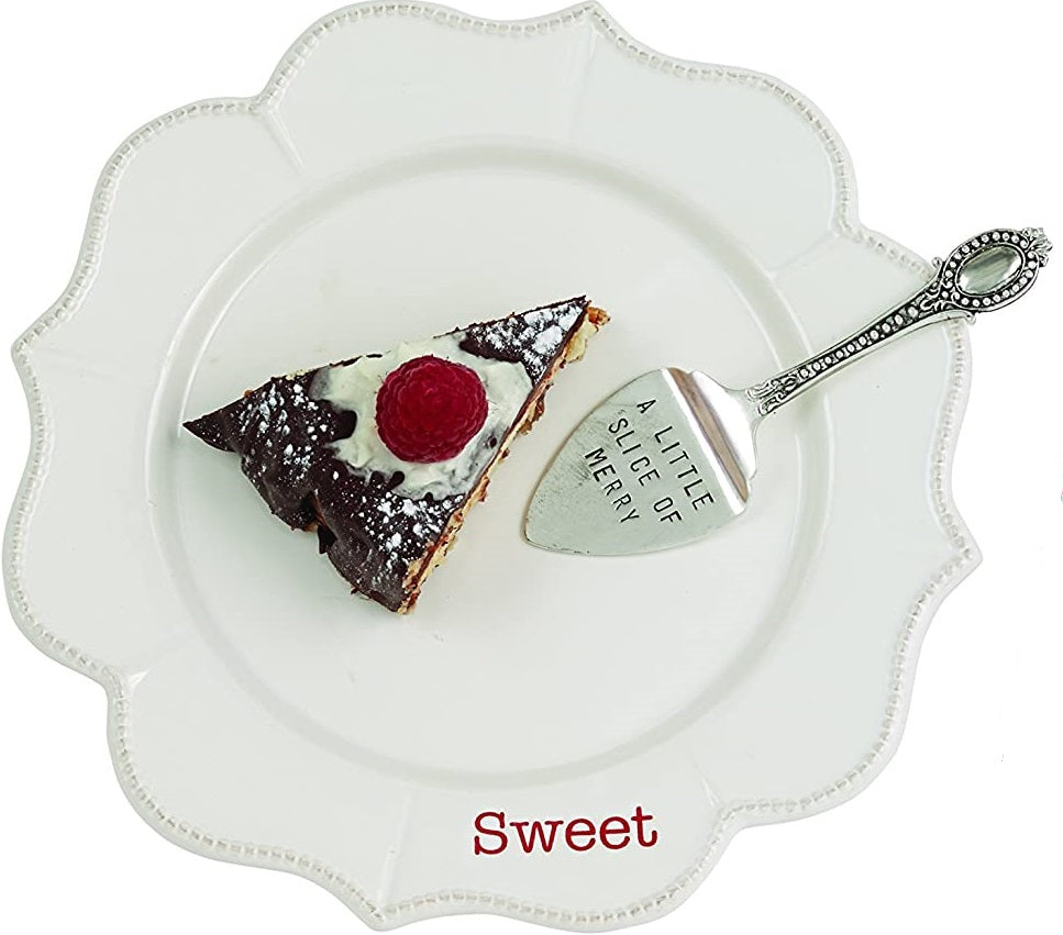 alt="Square ceramic plate with scalloped edges to resemble a flower (or cookie) has the word 'Sweet' in bright red letters along the rim"