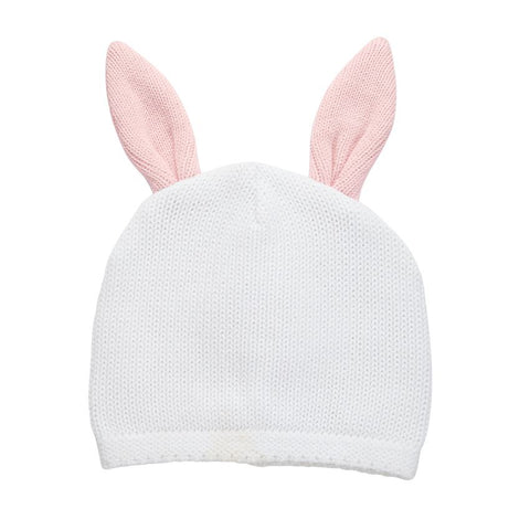 alt="White cotton sweater knit hat with pink dimensional contrast bunny ears"