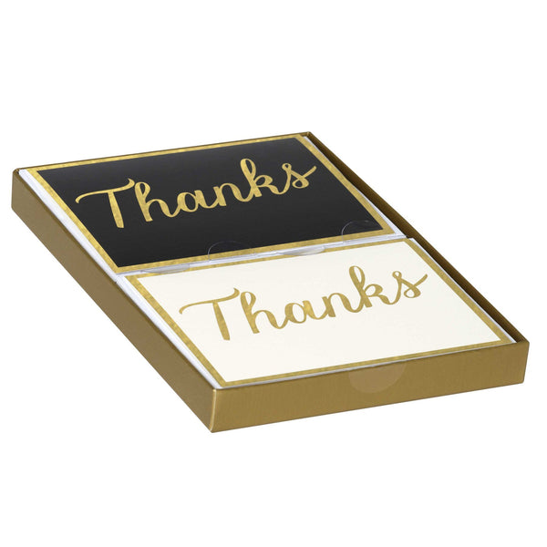 alt=“Thank you note card double box set comes with two elegant black and white designs with a gold foil border and a stylish font that spells ''thanks''. Includes 16 folded note cards (8 each of 2 designs) and 16 envelopes in a box”