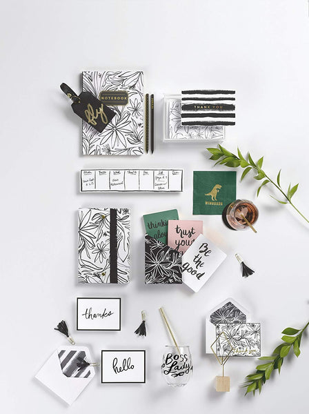 alt="Mini flex organic journal set with black and white floral enclosure and pink, white and green journals with sentiments"