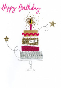 alt=“Birthday Cake quality hand-finished, pink, gold and silver glitter embellished greeting card sealed in a protective wrapping complete with envelope. Message: Happy Birthday. Wishing you a wonderful day!”