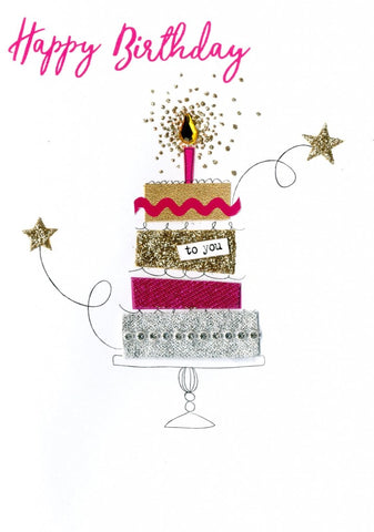alt=“Birthday Cake quality hand-finished, pink, gold and silver glitter embellished greeting card sealed in a protective wrapping complete with envelope. Message: Happy Birthday. Wishing you a wonderful day!”