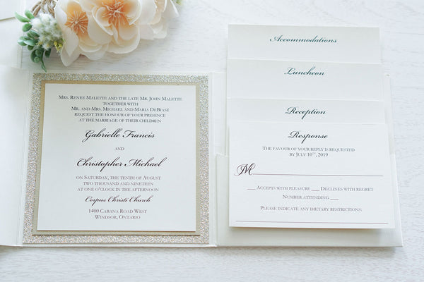 Gabrielle • Elegant Gold Glitter Pocket Fold Wedding Invitation