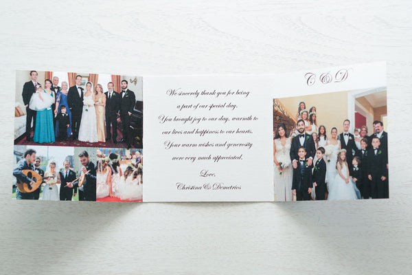 alt="Square photo tri-fold style thank you card features a white pearlescent shimmer card stock, personalized thank you message and a collage of your favourite photos from your special day"