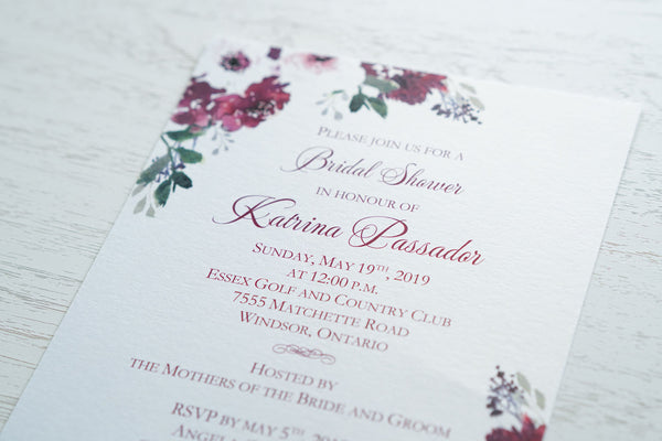 alt="Elegant Bridal Shower invitation features a white pearlescent shimmer card stock and a beautiful purple watercolour floral design in corners"
