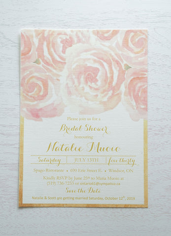 alt="Shabby chic Bridal Shower invitation features a matte ivory linen card stock, a pretty blush pink floral design at the top and is finished with a faux gold foil border"