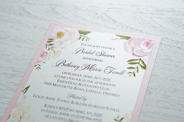 alt="Sweet Bridal Shower invitation features a quartz pearlescent shimmer card stock on a pink pearlescent shimmer stock with an elegant pink watercolour floral frame design"