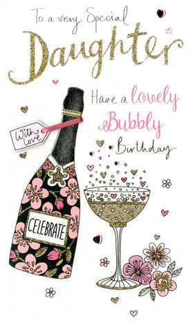 alt="Quality hand-finished, glitter embellished Daughter birthday bubbly greeting card by Second Nature sealed in a protective wrapping complete with envelope"