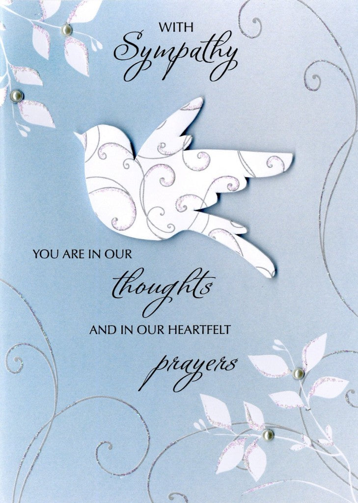 Quality hand-finished, glitter embellished greeting card by Second Nature sealed in a protective wrapping complete with envelope.  Message: ﻿With Sympathy. You are in our thoughts and in our heartfelt prayers. Thinking of you in your time of loss.