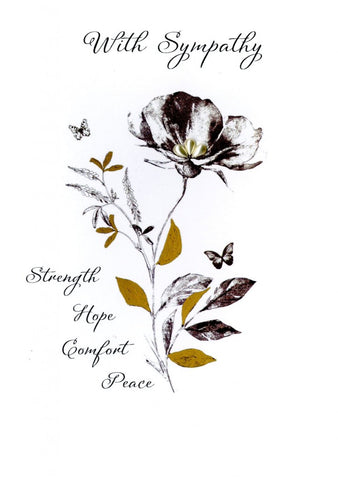 Quality hand-finished, embellished greeting card by Second Nature sealed in a protective wrapping complete with envelope.  Message: ﻿With Sympathy. Strength Hope Comfort Peace. Thinking of you and wishing you strength in the days ahead.