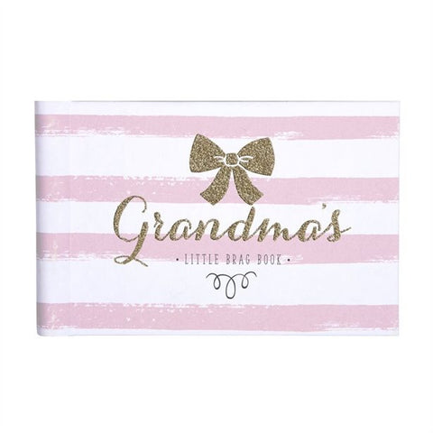 alt=" Grandma's brag book/photo book adorned with delicate pinks, tiny ribbons, and touches of gold glitter"