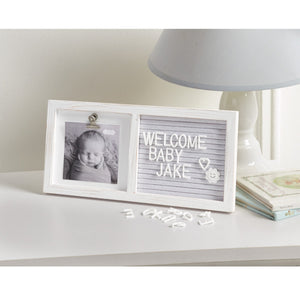 alt="White wooden binder clip 4" x 4" frame features grey felt message board panel and arrives with assorted interchangeable letter set to customize display message"