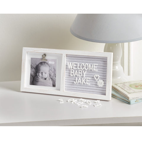 alt="White wooden binder clip 4" x 4" frame features grey felt message board panel and arrives with assorted interchangeable letter set to customize display message"