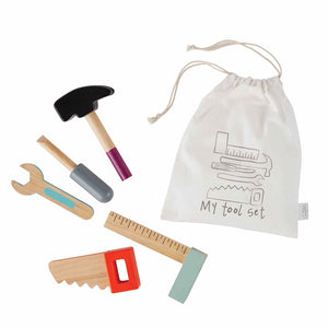 alt="Five wooden play tools arrive in drawstring muslin bag"