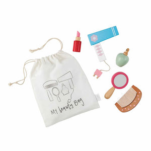 alt="Wooden play make-up toys arrive in drawstring muslin bag"