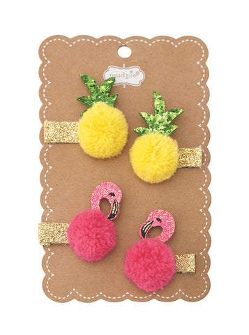 alt=“Fun in the sun pom poom clips with gold glitter felt alligator clips, glitter felt and chiffon pom-pom pineapple and flamingo toppers on scalloped display card”