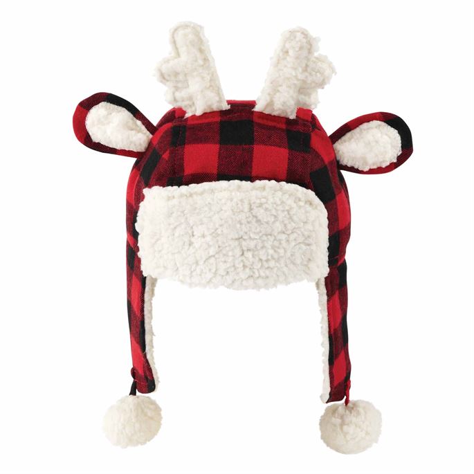 alt=“Reindeer buffalo check hat features Sherpa lining, pom-poms and dimensional antlers”