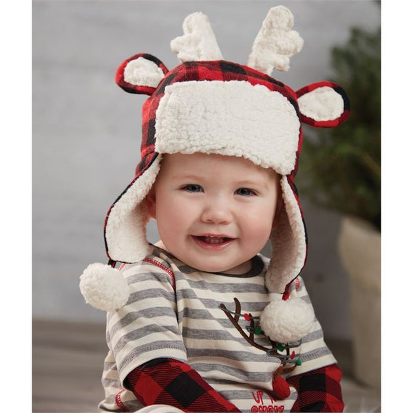 alt=“Reindeer buffalo check hat features Sherpa lining, pom-poms and dimensional antlers”