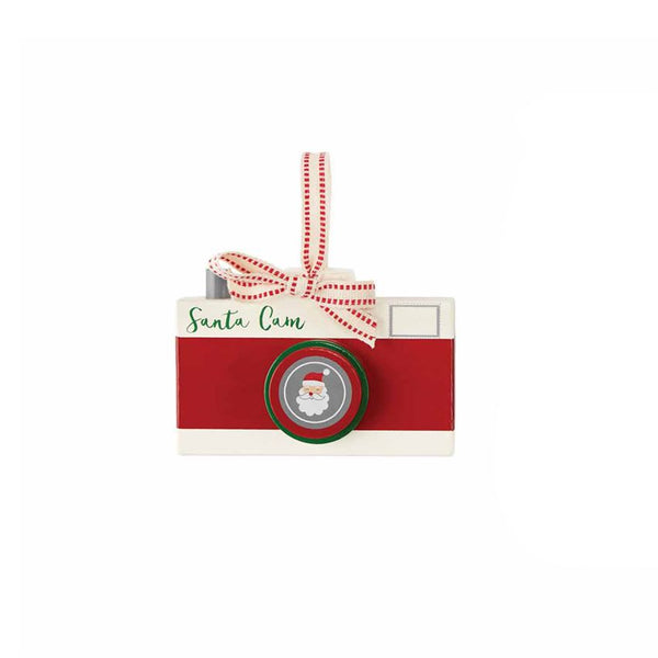 alt=“Red wooden Santa cam ornament with cotton ribbon hanger features printed poem about Santa keeping watch over the kids throughout the holiday season”