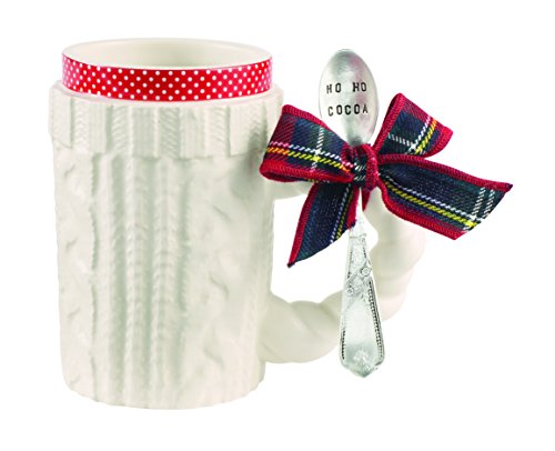 alt="Two piece set includes ceramic cable knit sweater and polka dot pattern mug and silver-plate stamped spoon with Ho Ho Cocoa sentiment. Comes finished with festive plaid ribbon"
