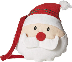 alt=“Woven cotton red and white Santa purse stuffed for dimension features twill tape shoulder strap, embroidered features and snap button closure”