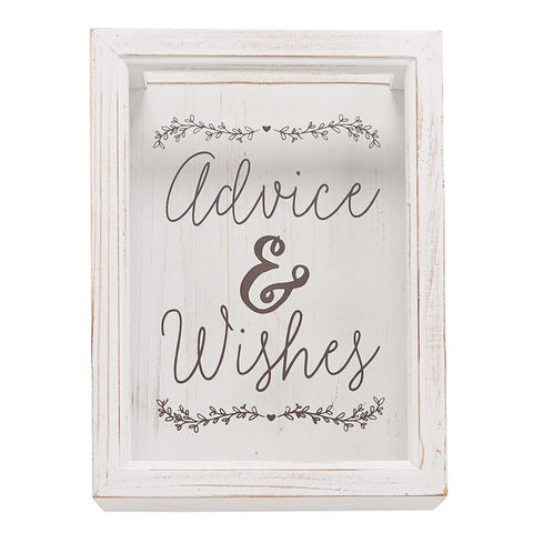 alt=“White-washed wood advice and wishies keepsake box features a top slot entry and printed Advice & Wishes glass front window, comes with two sheets of eight perforated kraft Advice & Wishes cards for personalization”