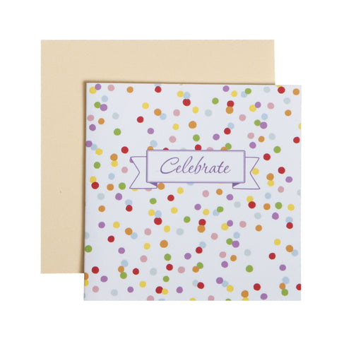 alt="Celebrate multicolour confetti gift enclosure card with yellow envelope"