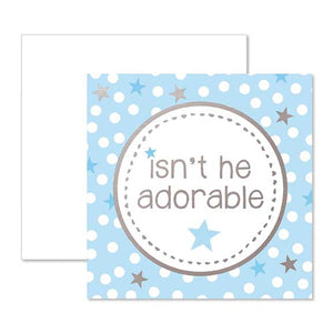 alt="Isn't he adorable blue and white gift enclosure card with polka dots and stars"