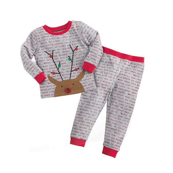 alt="This unisex 2 piece printed so-soft brushed jersey long pajama set features contrast cotton rib binding and jersey reindeer applique with printed antlers and wood button nose. 60% Cotton 40% Polyester. 9-12 months"