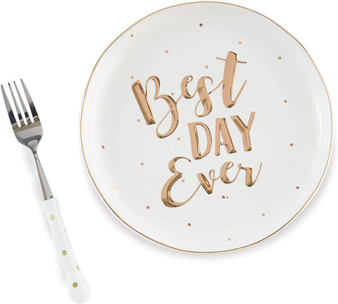 alt="Stoneware dessert plate with gold rim, raised gold mini dots and Best Day Ever scripted sentiment"