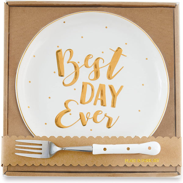 alt="Stoneware dessert plate with gold rim, raised gold mini dots and Best Day Ever scripted sentiment gift boxed with coordinating metal fork with poly resin handle"