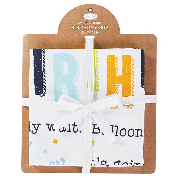 alt="Cotton Birthday Boy blue and white pillowcase features printed poem and coordinating balloon artwork on kraft display card with ribbon detail"
