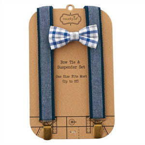 alt="Adjustable woven blue and white cotton gingham bow tie with chambray suspenders"