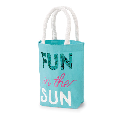 alt="Aqua blue jute and cotton blend mini tote features printed Fun in the Sun sentiment with sequin detail, cotton webbing handles"