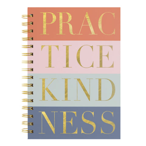 alt=“This stylish journal has a colourful striped aesthetic with a quote on the cover that reads "Practice Kindness" in gold. This inspirational spiral notebook opens flat, contains 160 lined pages and comes with a coordinating gold pen”