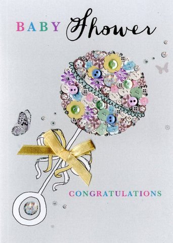 alt=“Baby Shower Rattle quality hand-finished, multicoloured button, sequin and glitter embellished greeting card sealed in a protective wrapping complete with envelope. Message: Baby Shower Congratulations. Showering you and your little one with love and blessings”