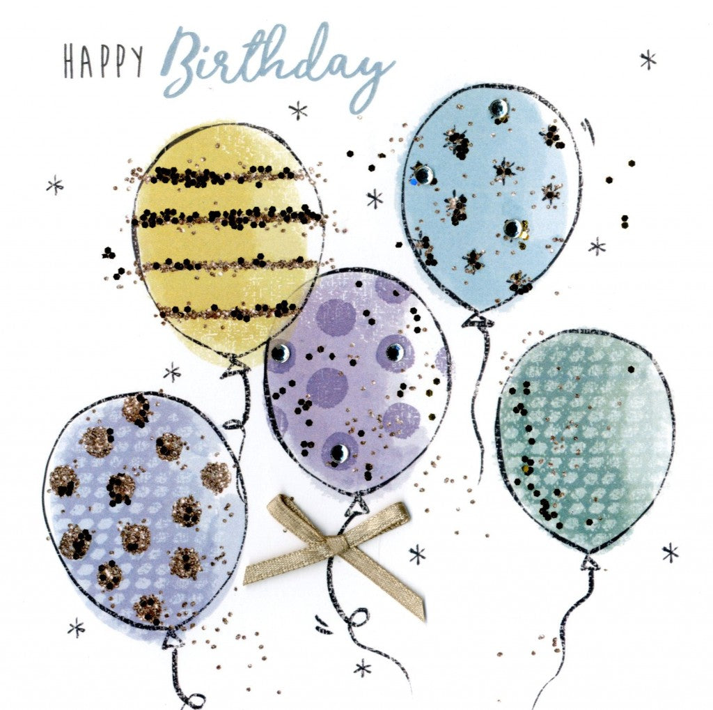alt=“Birthday Balloons quality hand-finished, multicoloured glitter embellished greeting card sealed in a protective wrapping complete with envelope. Message: Happy Birthday. Enjoy your special day!”