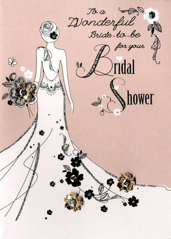 alt="Quality hand-finished, glitter embellished Bridal Shower girl greeting card by Second Nature sealed in a protective wrapping complete with envelope"