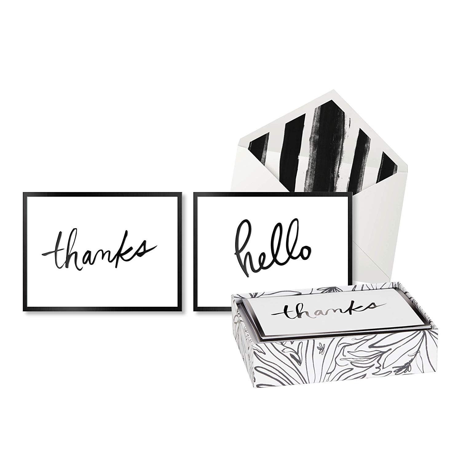 alt="Thanks and hello black and white boxed note cards with coordinating envelopes and box"