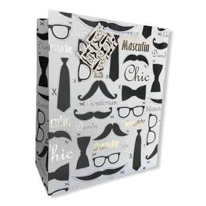 Chic gift bag with silver foil accents and a fun masculine pattern is the perfect packaging solution.