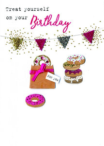 alt=“Birthday Donuts quality hand-finished, multicoloured glitter embellished greeting card sealed in a protective wrapping complete with envelope. Message: Treat yourself on your Birthday. Hoping that your day is sprinkled with love!”