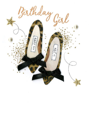 alt=“Birthday Shoes quality hand-finished, gold glitter embellished greeting card with leopard print sealed in a protective wrapping complete with envelope. Message: Birthday Girl with love to you. Today is all about you! Enjoy your special day”