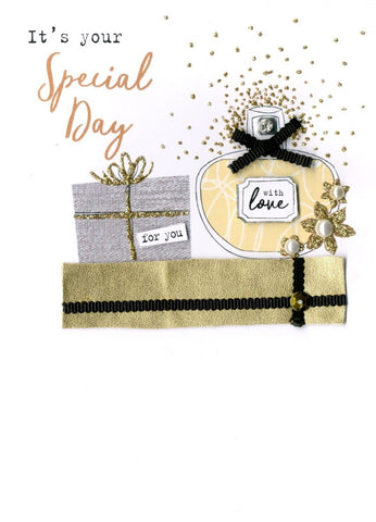 alt=“Birthday Gifts quality hand-finished, silver and gold glitter embellished greeting card sealed in a protective wrapping complete with envelope. Message: It’s your Special Day. Enjoy every moment! Happy Birthday”
