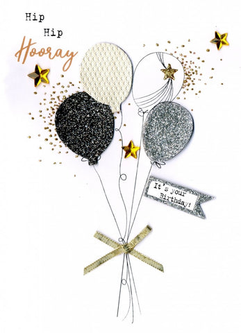 alt=“Birthday Balloons quality hand-finished, silver and gold glitter embellished greeting card sealed in a protective wrapping complete with envelope. Message: Hip Hip Hooray It’s your birthday! Enjoy every moment of your special day”