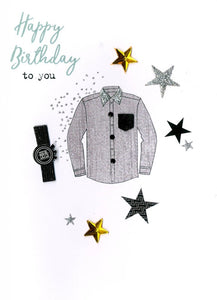 alt=“Birthday Shirt masculine quality hand-finished, silver glitter embellished greeting card sealed in a protective wrapping complete with envelope. Message: Happy Birthday to you. Celebrate in style!”