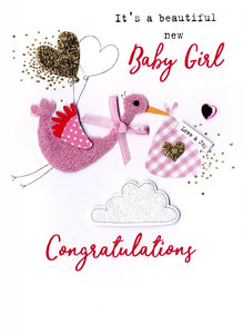 alt=“Baby Girl Congratulations Stork quality hand-finished, gold and pink glitter embellished greeting sealed in a protective wrapping complete with envelope. Message: It's a gorgeous New Baby Girl Congratulations. Enjoy every moment with your precious new arrival”