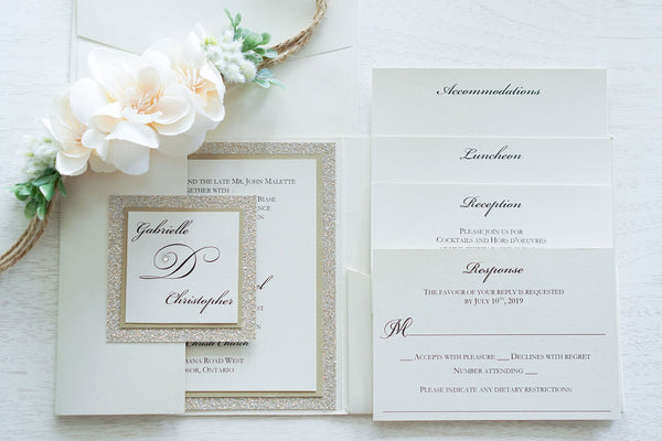 Gabrielle • Elegant Gold Glitter Pocket Fold Wedding Invitation