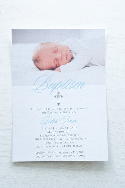 alt="Simple and modern baptism invitation with custom photo and elegant cross and jewel detail"