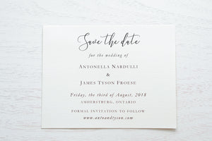 alt="Classic save the date card features an ivory linen textured card stock and a sample script and elegant font"